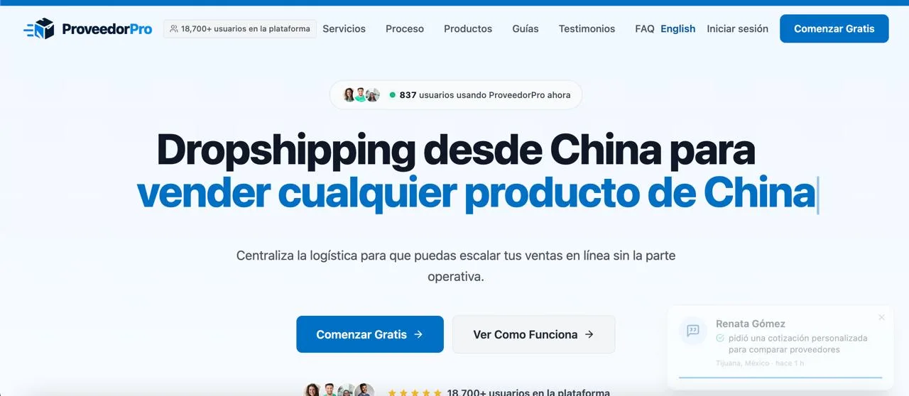 Página de inicio pública de ProveedorPro sin iniciar sesión, con botones para comenzar gratis y conocer cómo funciona