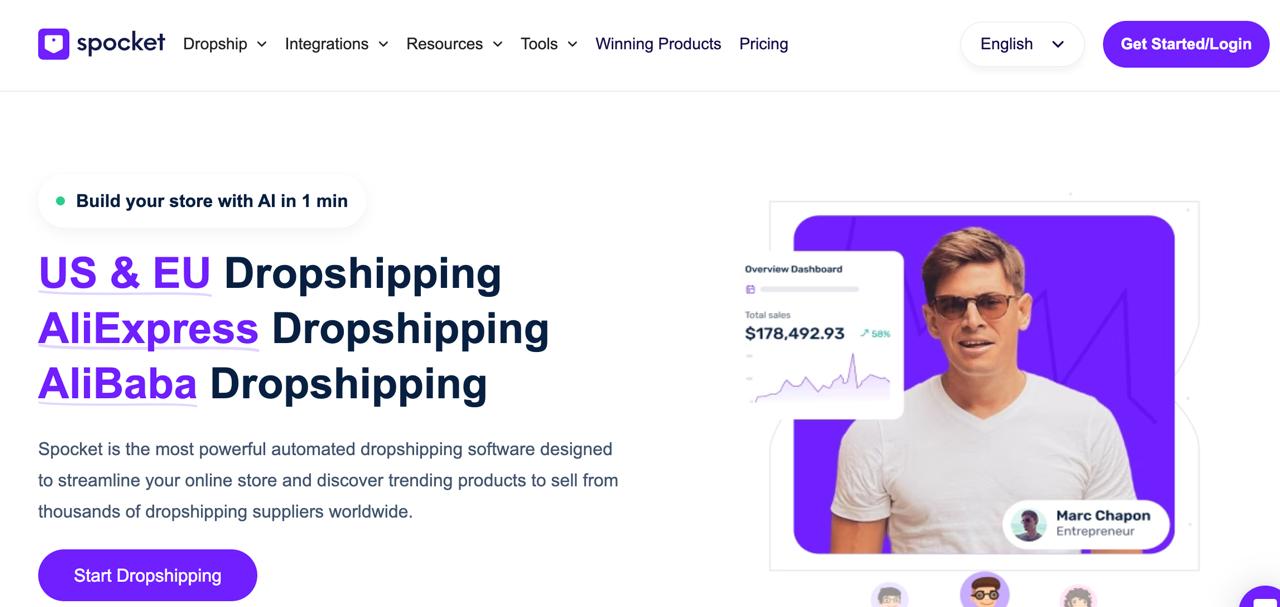 Página de inicio de Spocket para dropshipping con proveedores de Estados Unidos, Europa, AliExpress y Alibaba