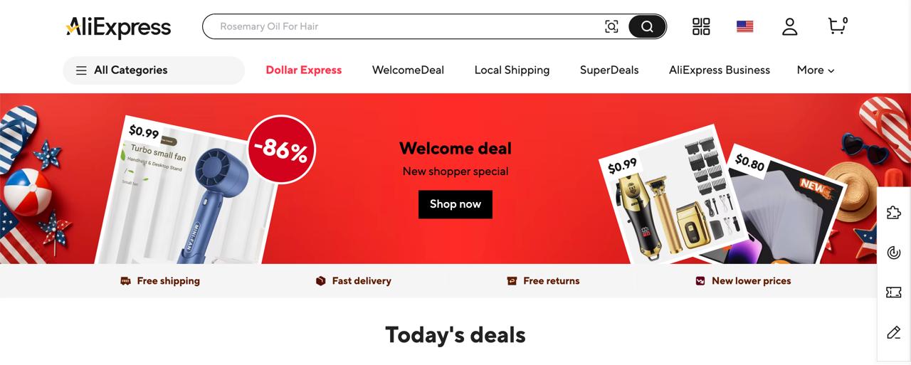 AliExpress marketplace homepage showing product discovery and shopper offers used for early dropshipping research