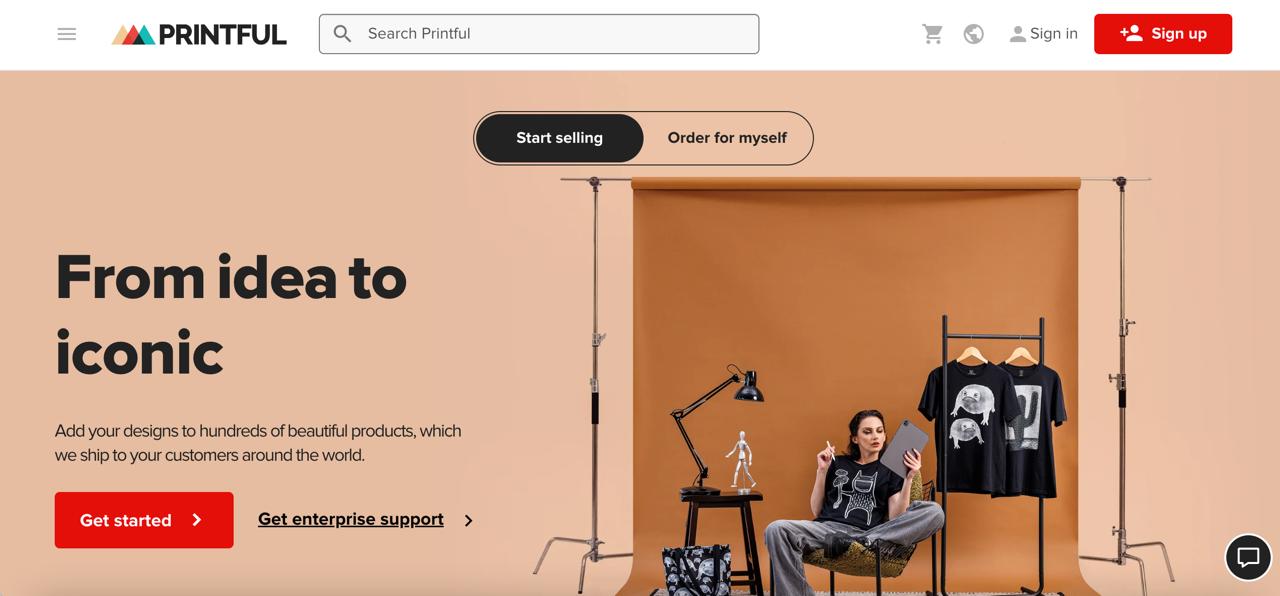 English Printful homepage showing its print-on-demand catalog and custom merchandise fulfillment offer