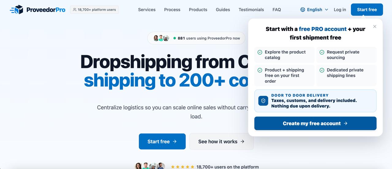 English ProveedorPro homepage showing product sourcing, door-to-door delivery and ecommerce fulfillment for 200-plus countries