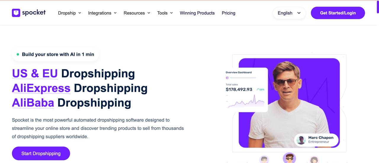 Spocket homepage promoting US and EU dropshipping suppliers, AliExpress and Alibaba product discovery