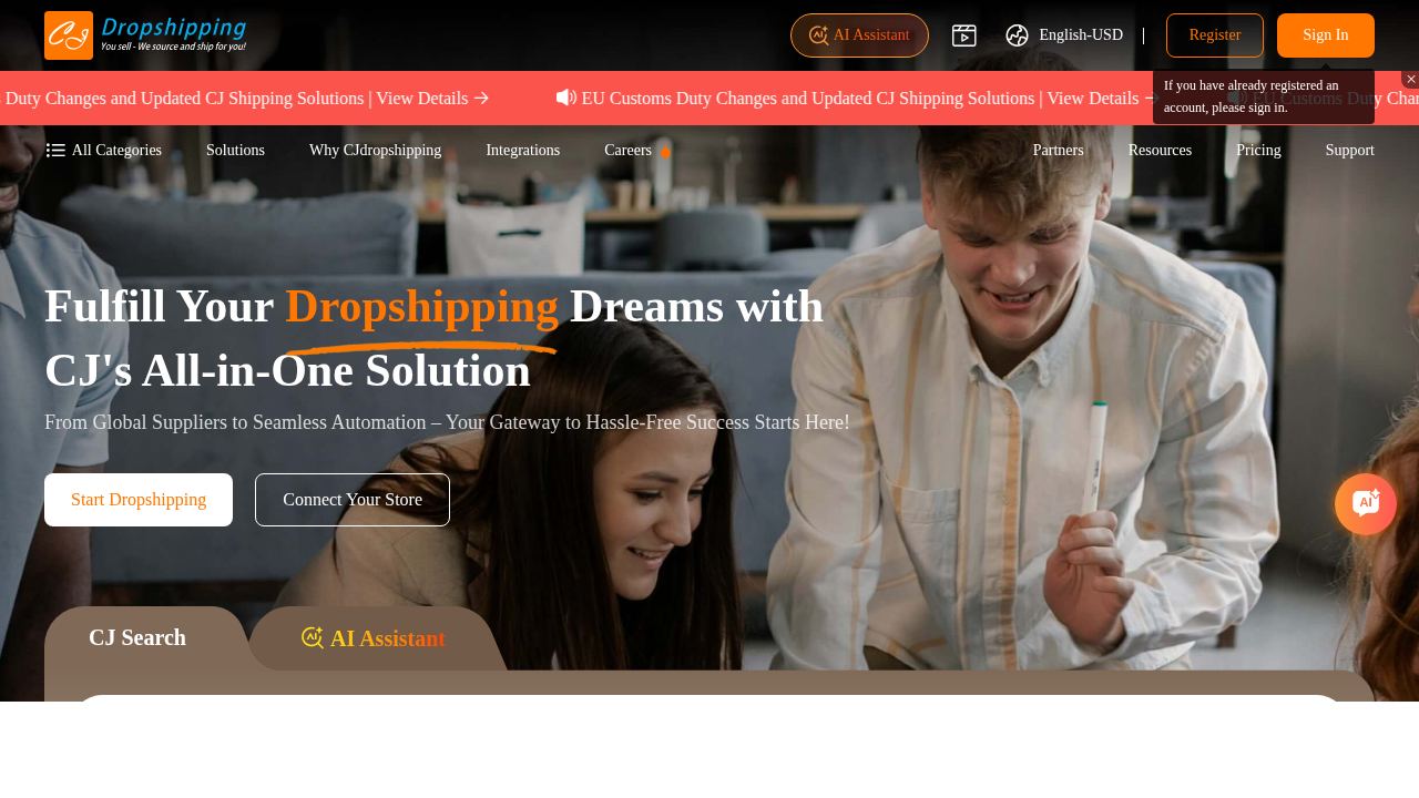 Homepage de CJdropshipping mostrando plataforma de catálogo y fulfillment para comparar cobertura, costos y tiempos
