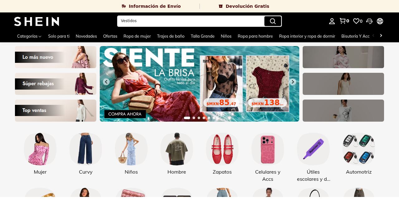 Homepage de Shein México mostrando catálogo amplio usado como inspiración de productos para ecommerce