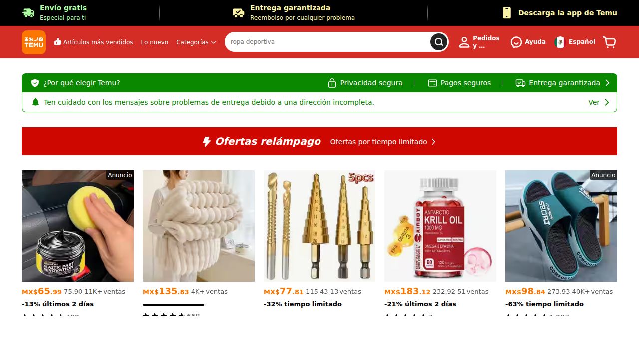 Homepage de Temu México mostrando marketplace usado para investigar precios y productos de dropshipping