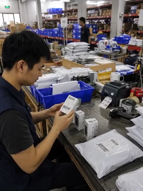 Operario verificando el código de un producto durante la preparación de un pedido