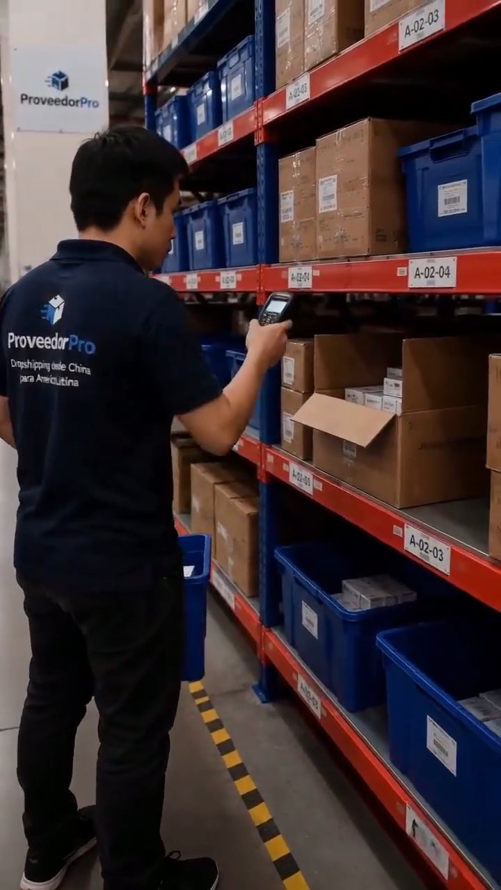 Operario de ProveedorPro localizando inventario con un escáner dentro del almacén