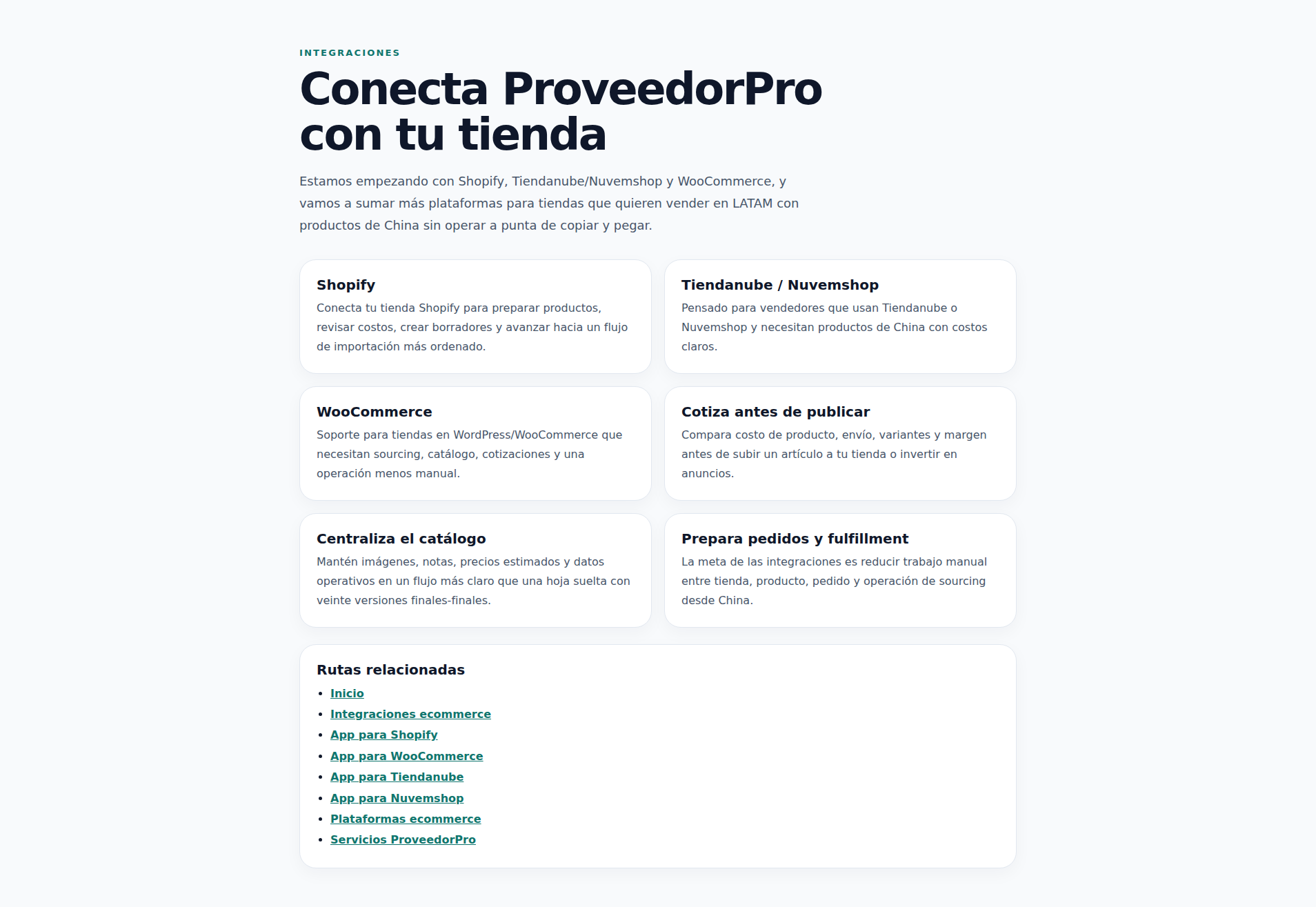 Public ProveedorPro ecommerce integration screen illustrating the Shopify supplier order and tracking workflow