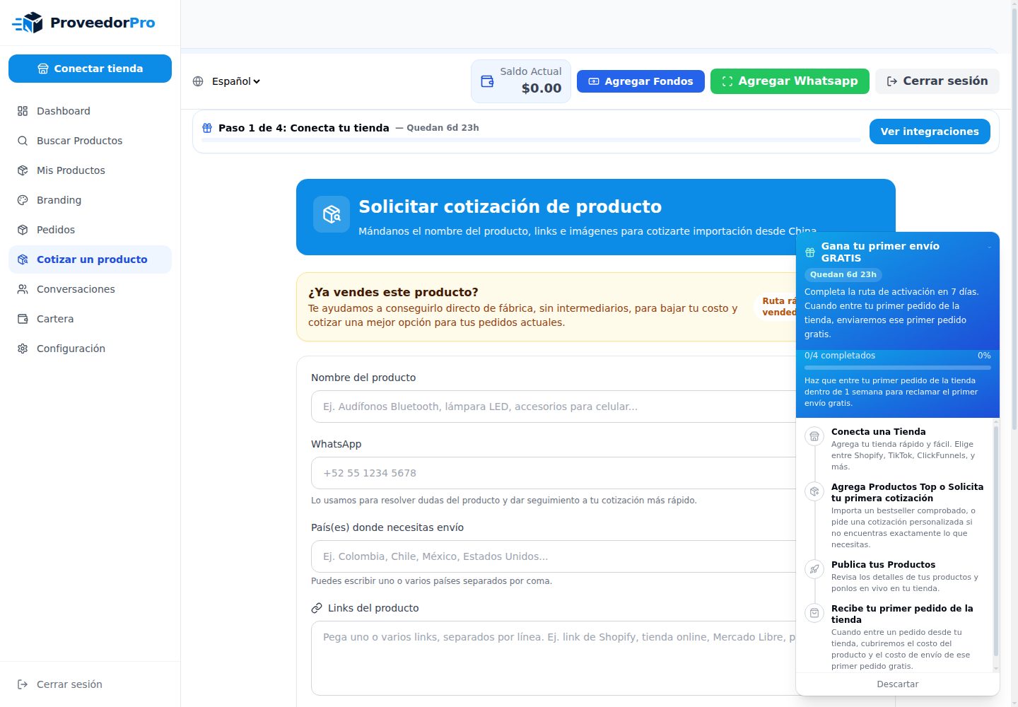 Standard-user ProveedorPro quote workflow used to compare a specific product, supplier requirements and landed-cost inputs