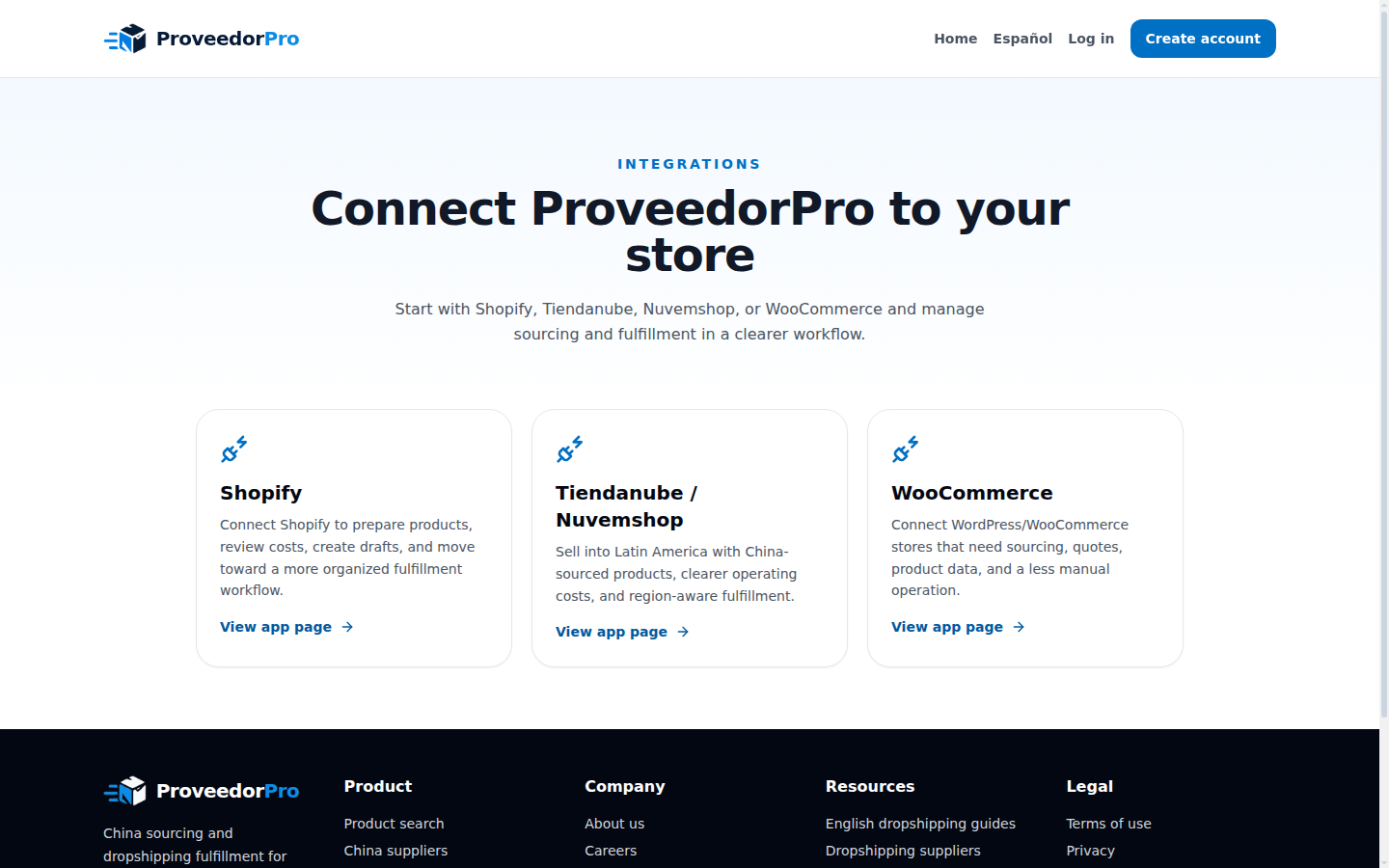 English ProveedorPro ecommerce integration page illustrating the Shopify supplier order and tracking workflow